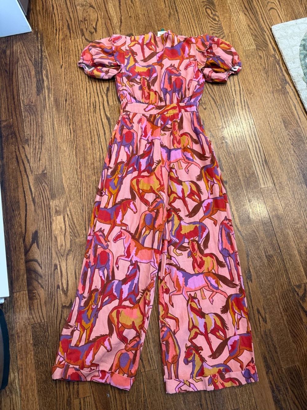FARM Rio Pink Multicolor Horse-Print Puff-Sleeve Belted Jumpsuit - Picture 8 of 10